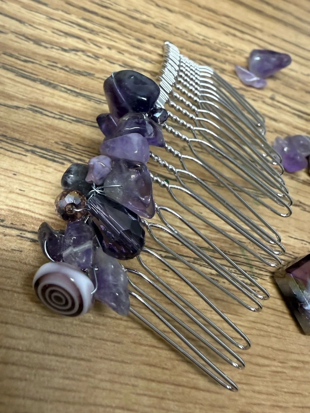 Handmade Wire Wrapped Amethyst Crystal Hair Comb with Dangle Charms